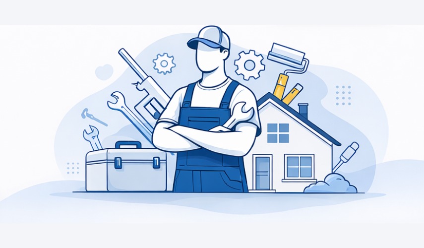 Profissional de manutencao e reparacao com ferramentas e casa ao fundo.